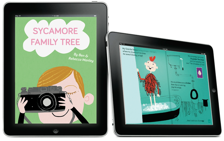 Image: Two iPads featuring images from the book: one depicts a girl holding up a camera as if to take a picture of the reader, the other is of an old man in a chicken costume.